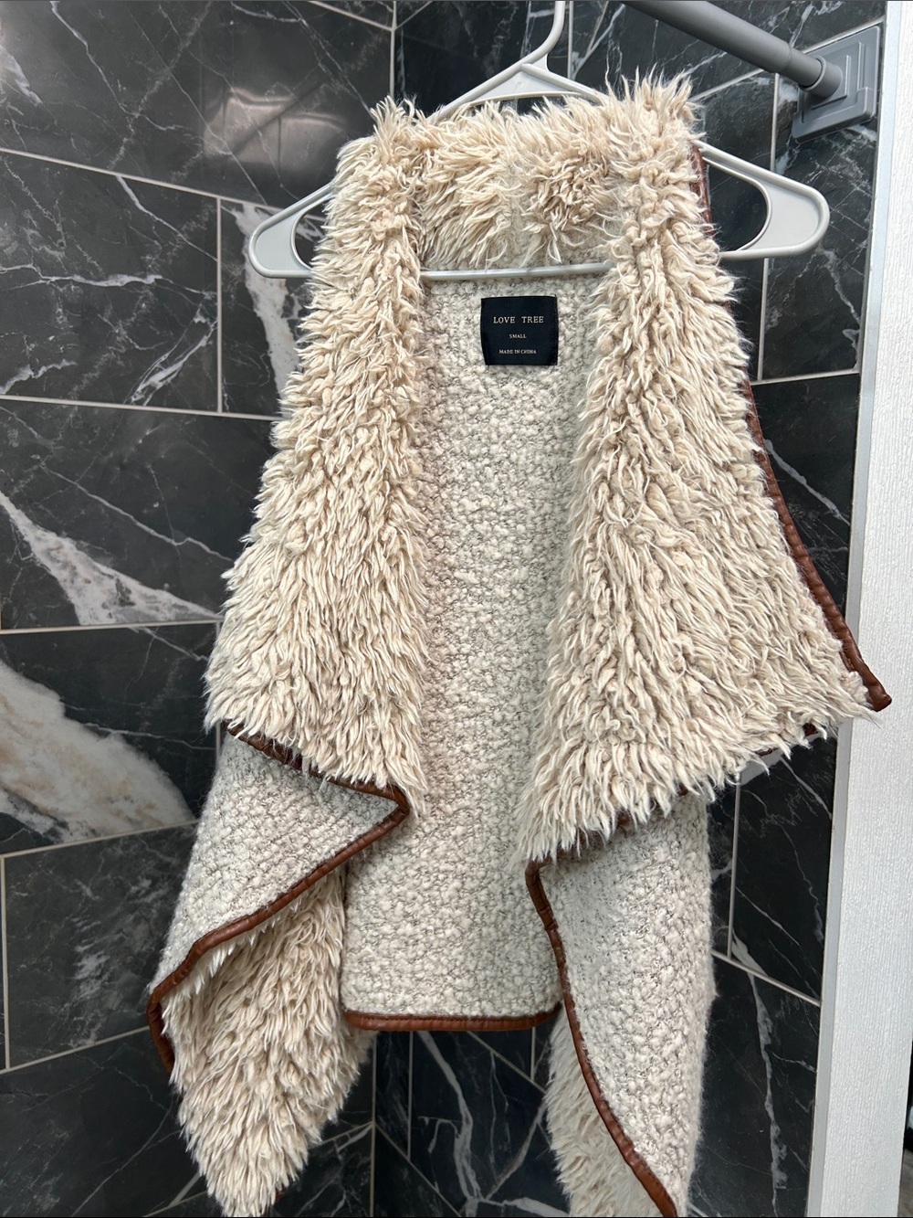 Love Tree Cream Faux-Sherpa Shag Trim Open Front Vest